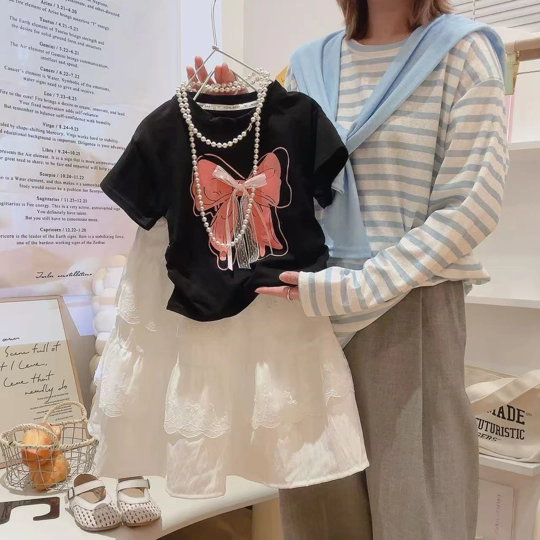 女童短袖蛋糕裙2025夏季新款印花T恤中长款蕾丝超仙蛋糕裙