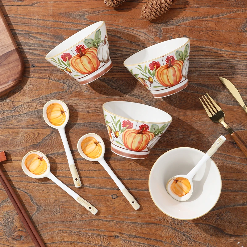 【南瓜花园】复古南瓜餐具斗笠碗勺子组合5英寸米饭碗陶瓷釉下彩