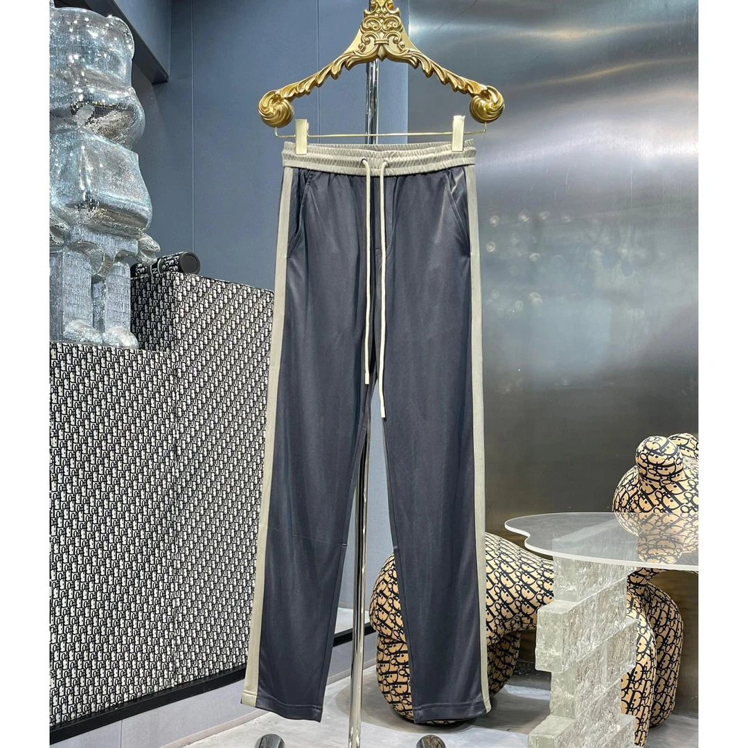 夏季高品质拼接织带条纹醋酸冰丝直筒运动休闲裤男宽松欧货长裤子