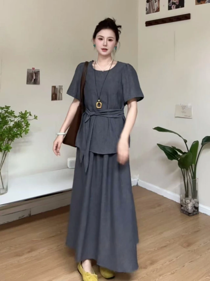 【简约韩系灰色棉麻套装】夏季短袖套装百搭休闲显瘦夏季套装25094