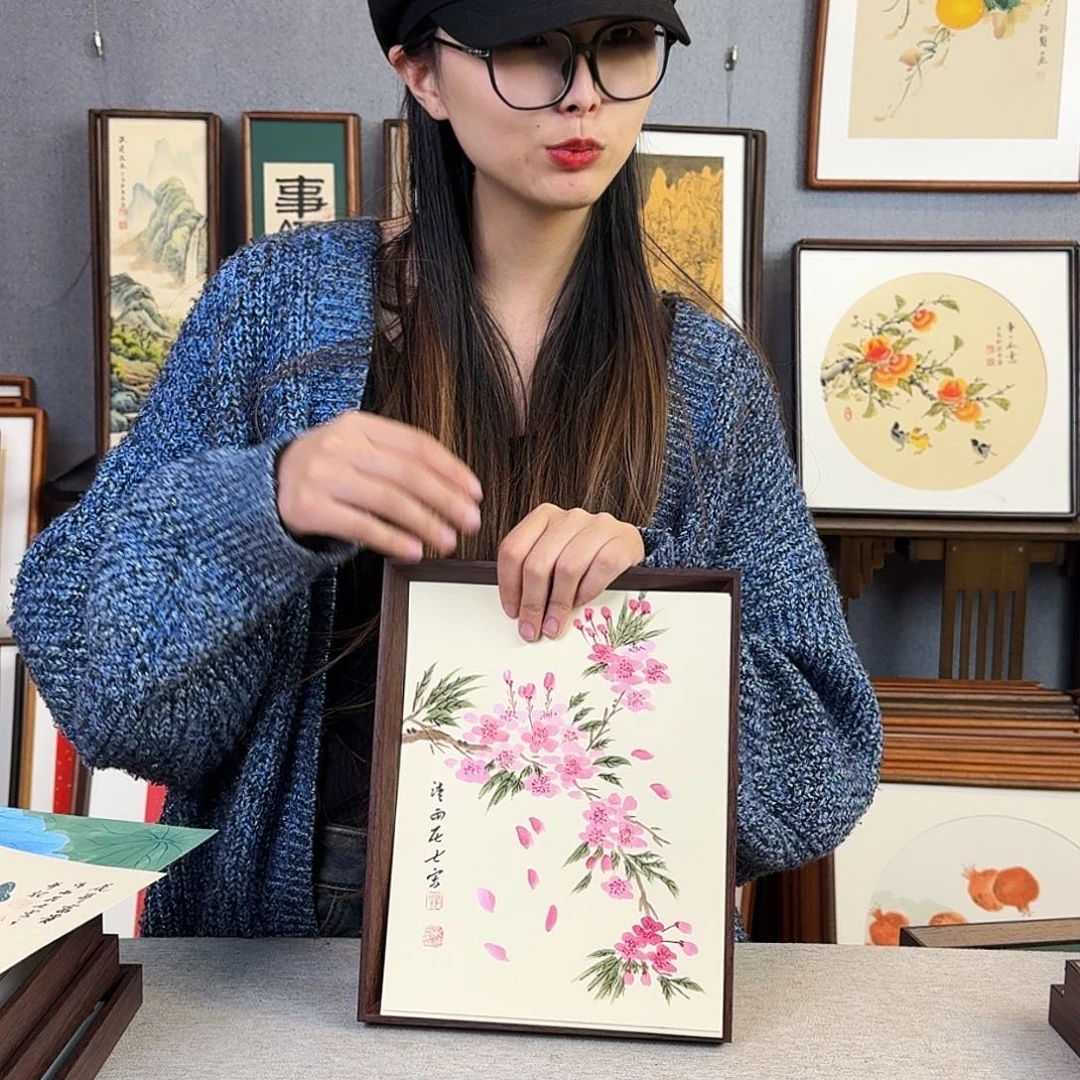 国画纯手绘，纯手写带框尺寸：23×29厘米