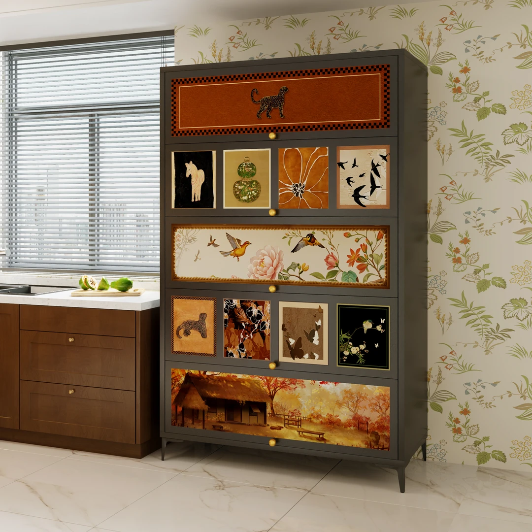 钢制中古风厨房置物架落地多层防尘收纳柜锅碗柜家用多功能储物柜