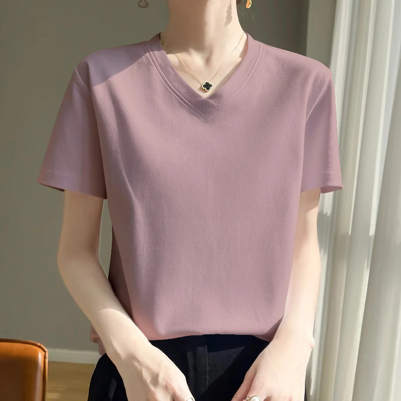 V领短袖t恤女2025春夏新款宽松显瘦鸡心领内搭薄款百搭打底衫潮
