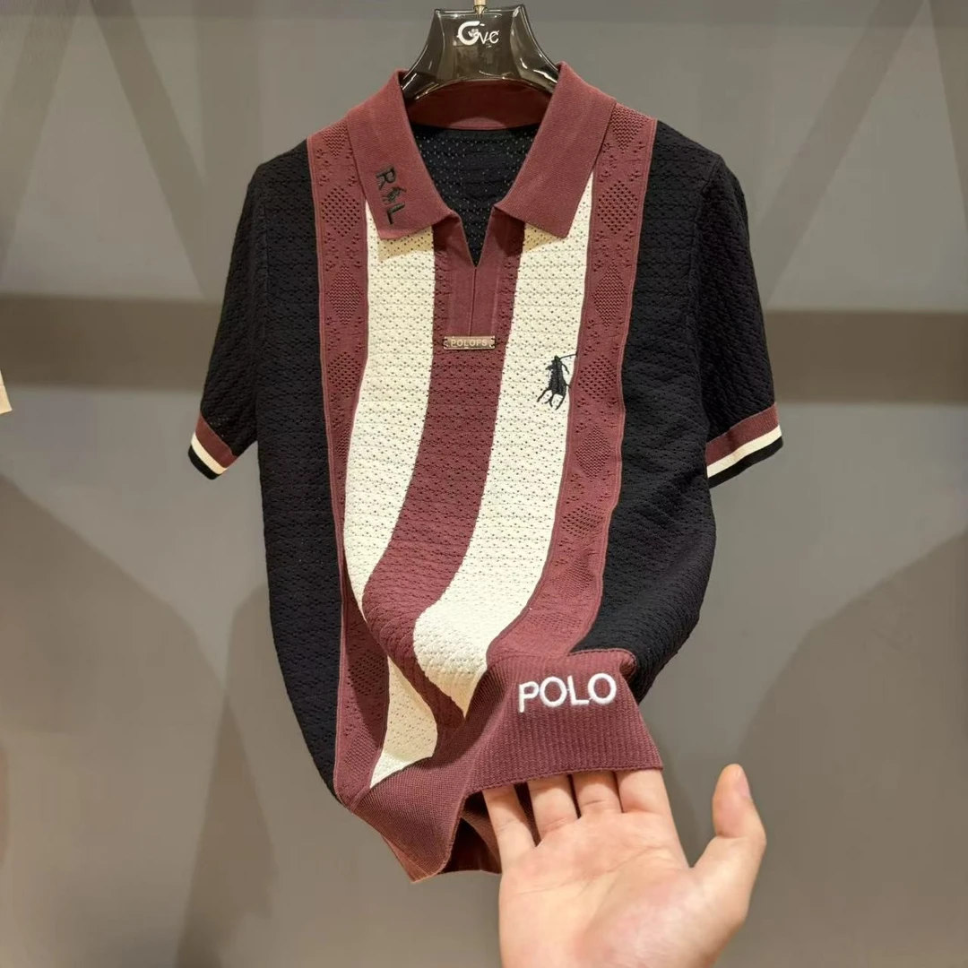 FOREPAS.2025翻领竖纹拼色老钱风POLO男女同款86027（双专属)
