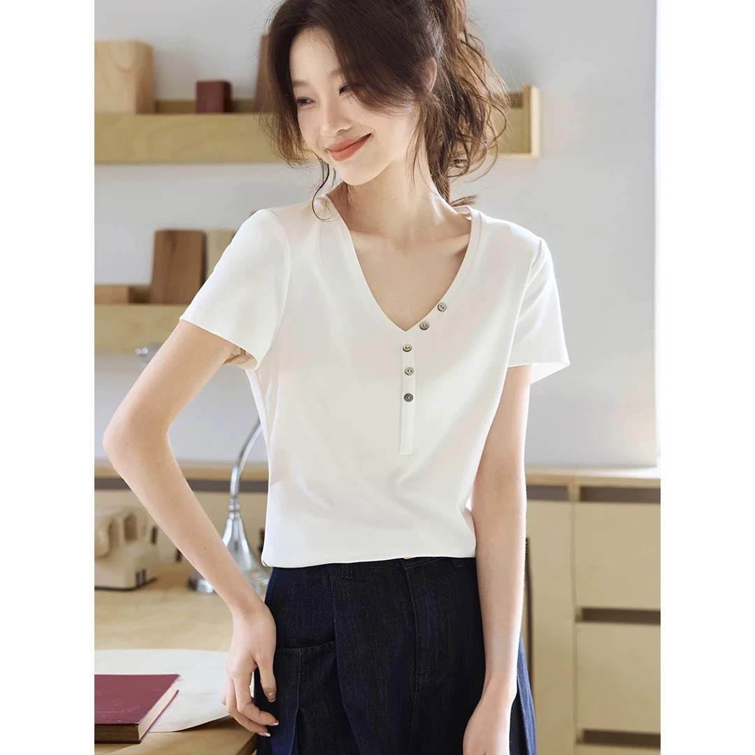 法式通勤优雅v领短袖打底衫时尚减龄2025夏季新款t恤气质百搭上衣
