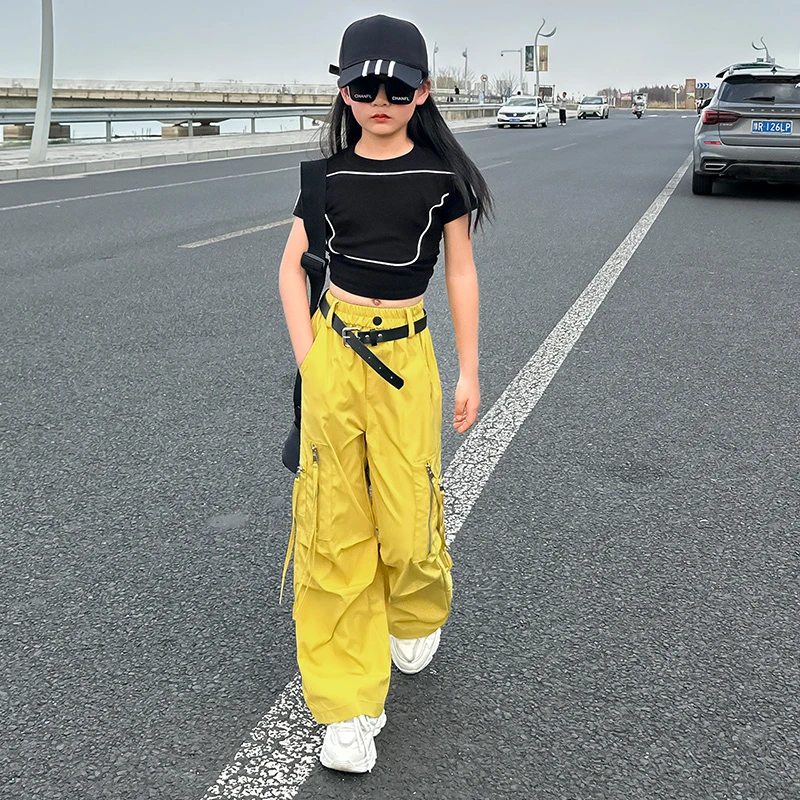 女童夏季新款街舞运动套装2025新款个性潮流炸街工装裤表演爵士舞