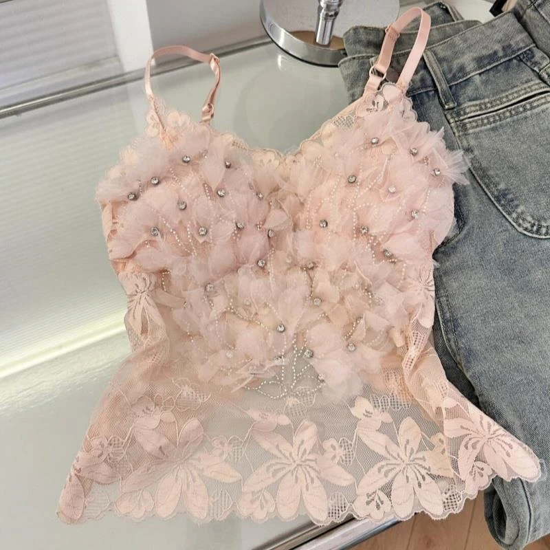 杜拉妮自留~粉色花朵烫钻吊带背心女夏内搭外穿带胸垫美背上衣