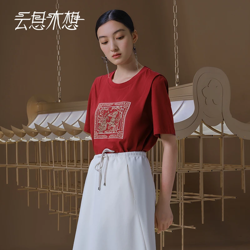 Ysimo-X云思木想 狮啸山林 绣花坎肩棉时尚圆领短袖T恤12835