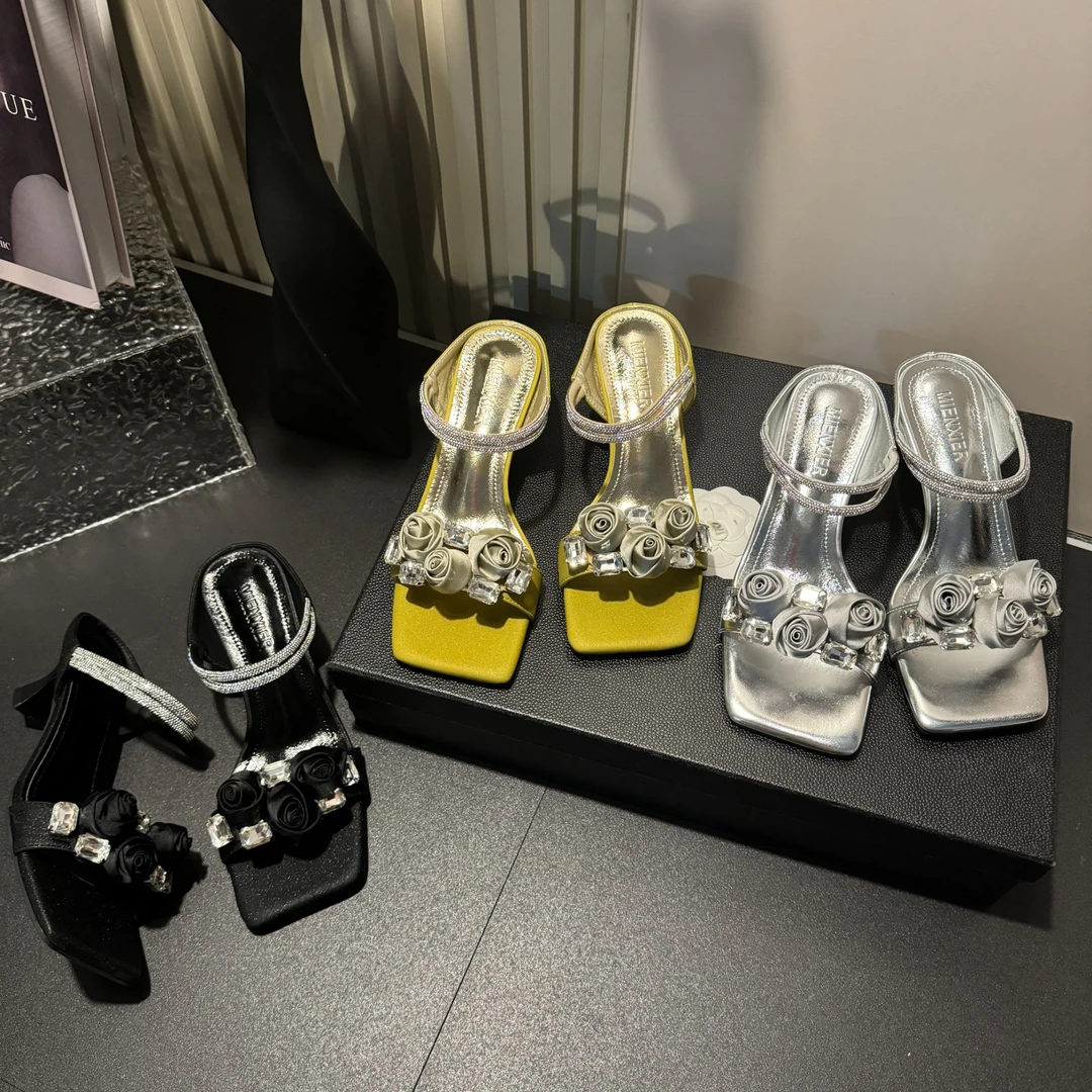 【现现】夏季新款玫瑰水钻组合高级百搭舒适小众设计款爆款凉鞋-5CM