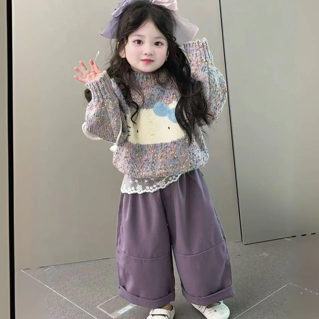 韩系女童港风甜美宝宝套套25新款可爱针织毛衣+蕾丝屁帘紫阔腿裤