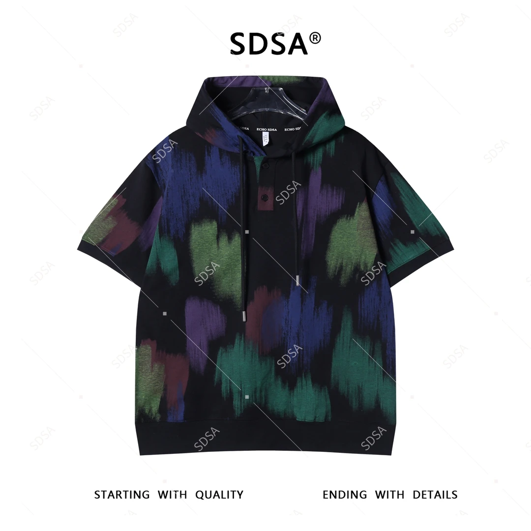 SDSA夏季新款男士痞帅美式撞色彩色印花连帽短袖T恤潮流复古上衣