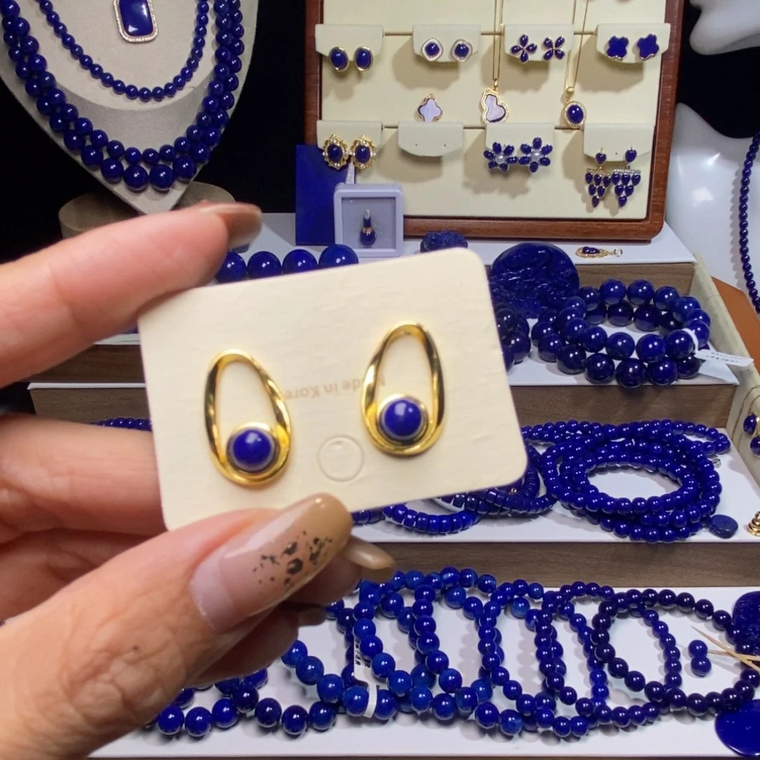 知***乐青金石银S925镶嵌耳饰