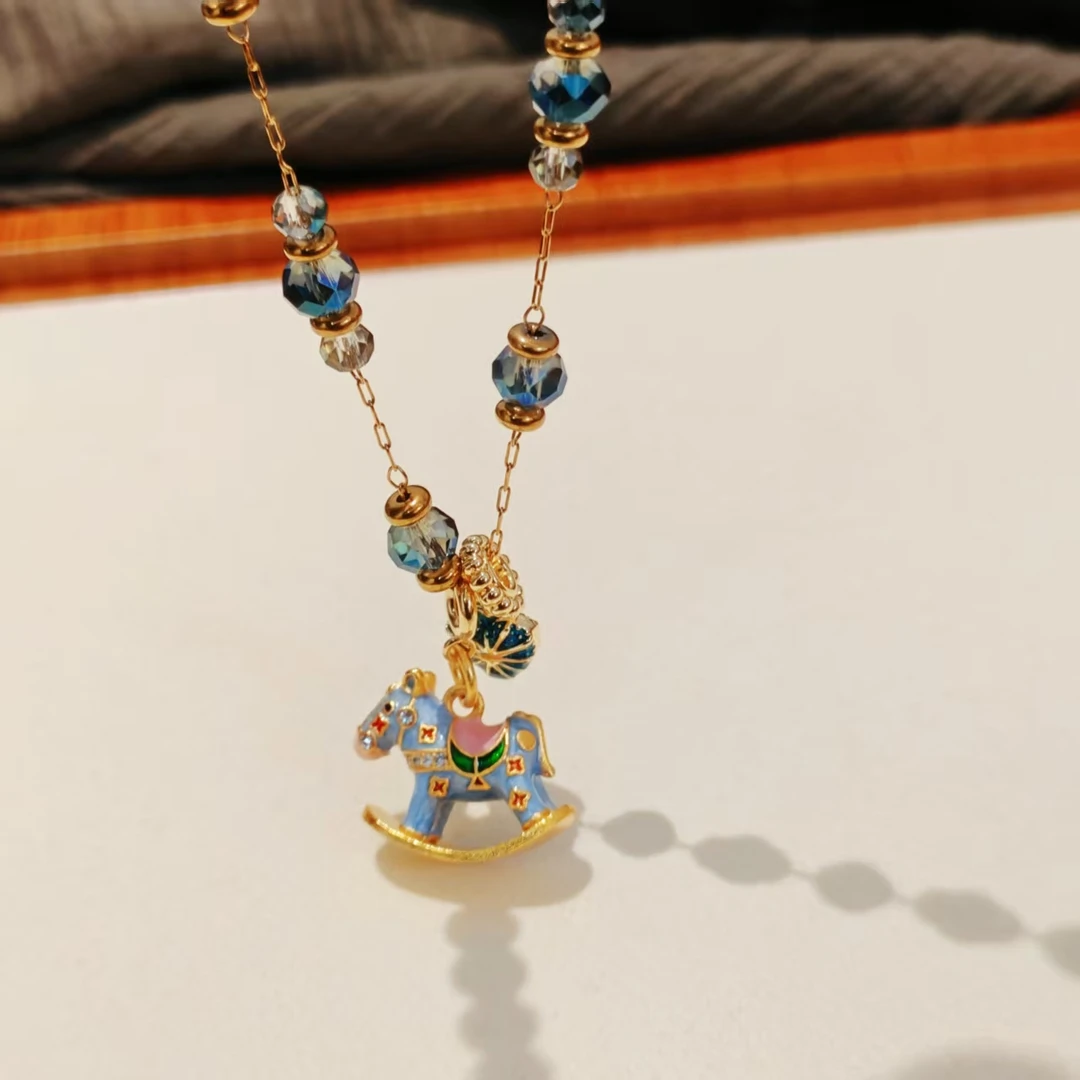 钛钢石英石项链 时尚百搭气质复古国风小马项链XL571