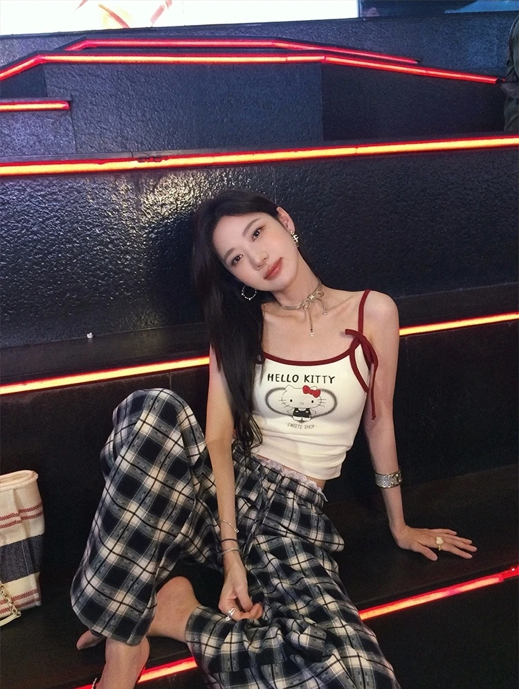 张贝贝同款抽皱蕾丝复古格子裤女高腰显瘦设计感抽绳直筒阔腿裤子