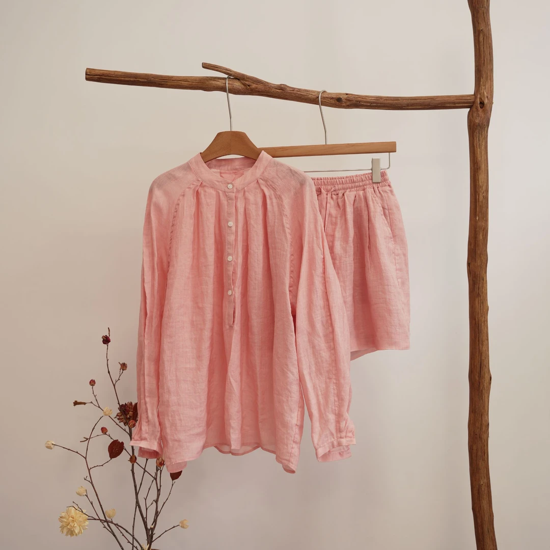 RV 100%苎麻25夏日轻薄舒爽百搭纯色极简衬衫长裤254049套装