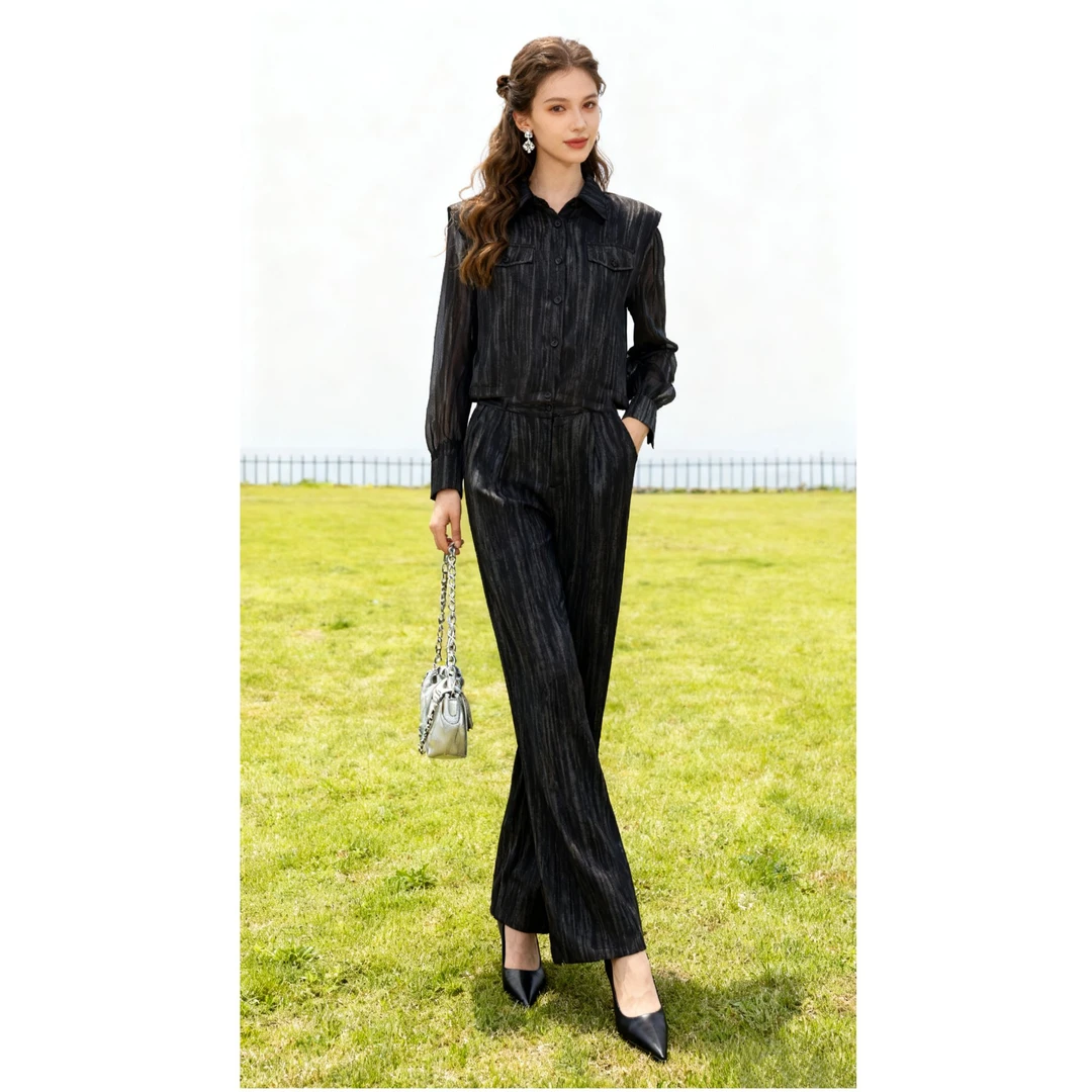 断码清仓-气质条纹拼接假两件上衣搭裤子两件套TK159