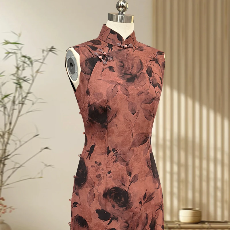 玫花影 玲珑娇高端旗袍真丝香云纱手工全开襟无袖复古减龄中国风