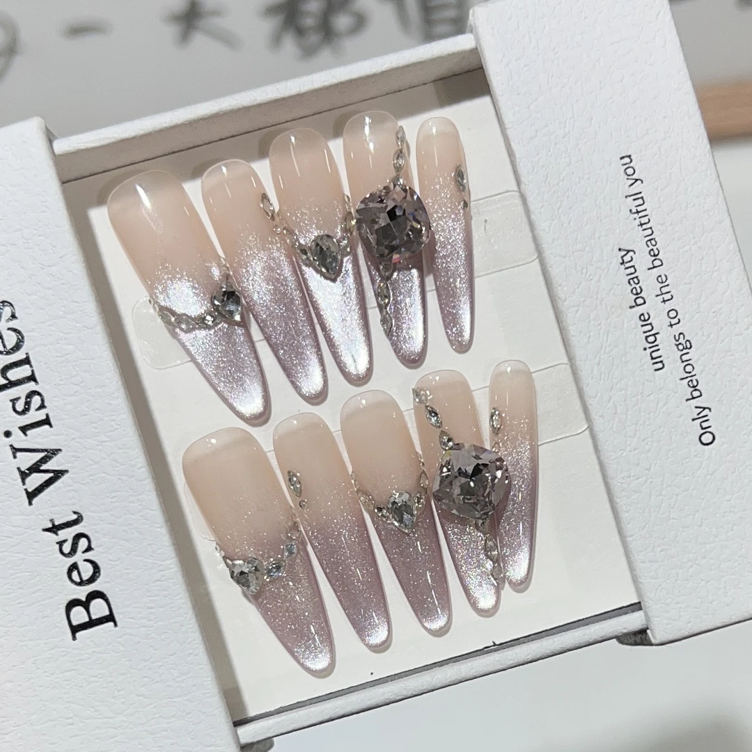 细狗长款猫眼穿戴甲手工紫色浪漫爆闪钻美甲裸色假指甲可拆卸甲片