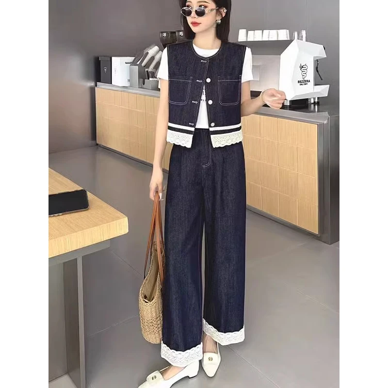 轻奢气质套装白色外套牛仔马甲背心蕾丝直通裤通勤衣服春装吊带