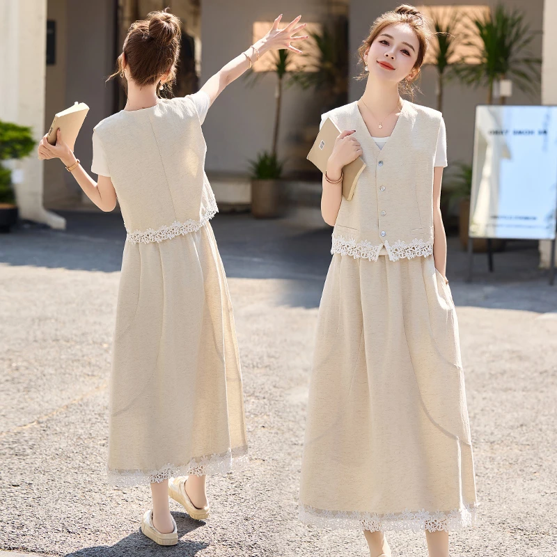 2025年夏季新款时尚洋气高级感小香风显瘦蕾丝拼接亚麻套装裙女