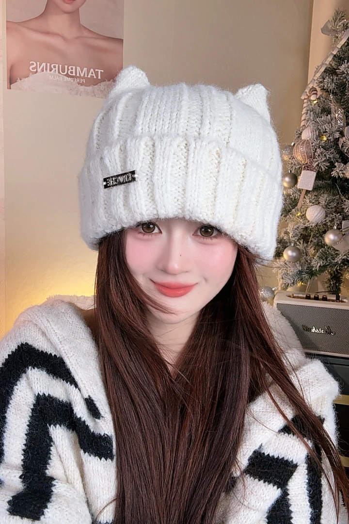 猫耳朵毛线帽女冬季大头围显脸小可爱保暖加厚冷帽防寒护耳针织帽