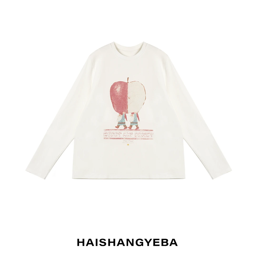 【海上叶爸】新款2025秋冬百搭棉圆领套头宽松苹果图案长袖T恤
