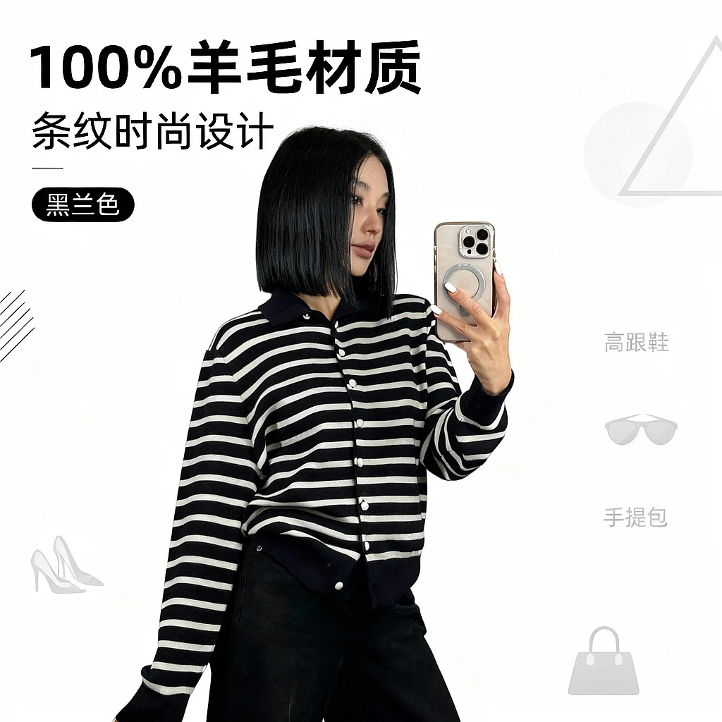 【妙妙精选】HUANGNAJI黑兰-条纹时尚气质设计感羊毛上衣1075