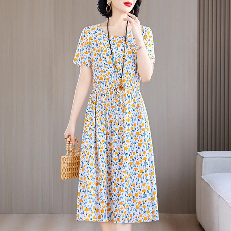 新款洋气棉绸连衣裙女夏季时尚收腰显瘦圆领中老年人造棉印花裙子