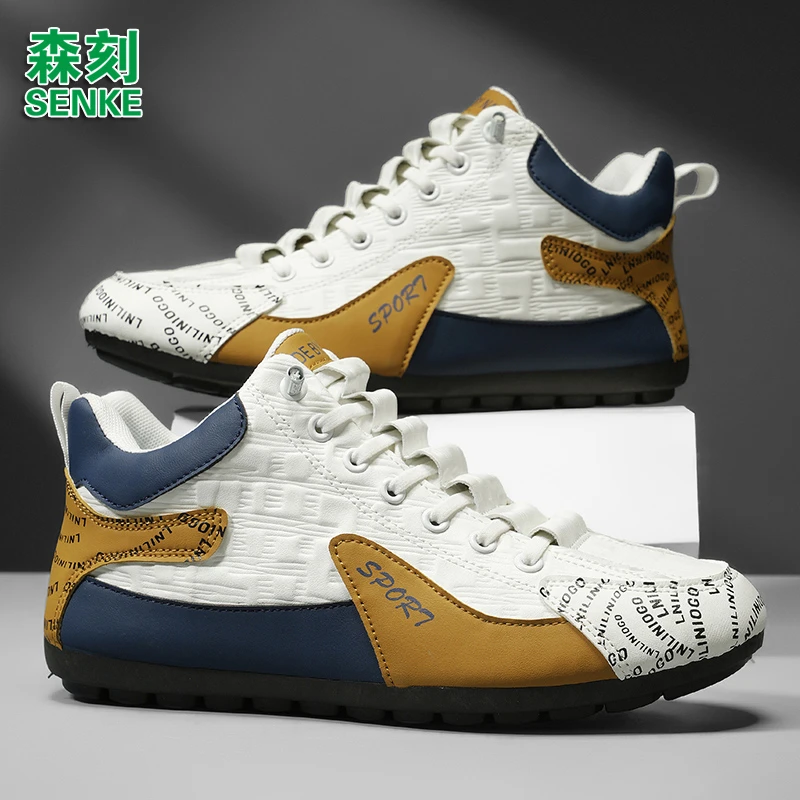 森刻秋冬男鞋一脚蹬高帮大码皮面防水防滑软底爆款格子防滑潮鞋子