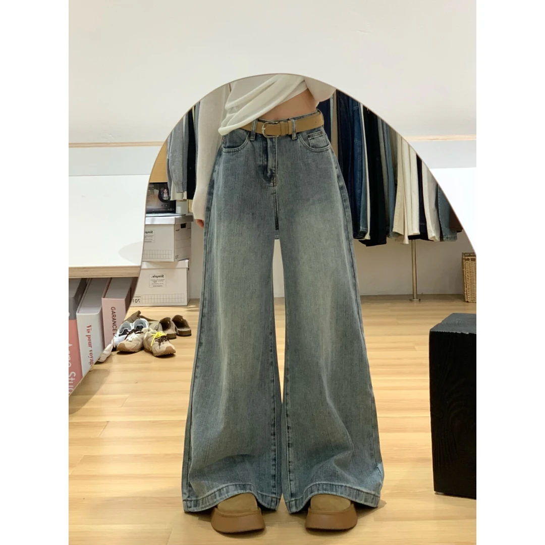 复古阔腿牛仔裤女春夏新款美式做旧百搭高腰宽松显瘦直筒拖地裤子