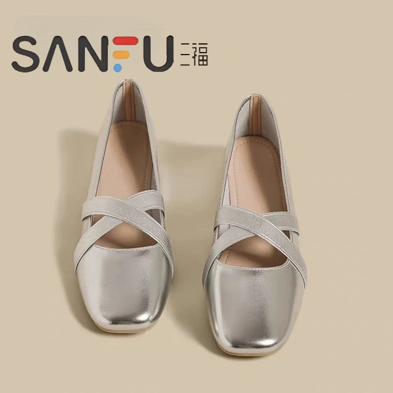 三福百搭银色单鞋女2024春季新款法式浅口小皮鞋方头平底玛丽珍鞋