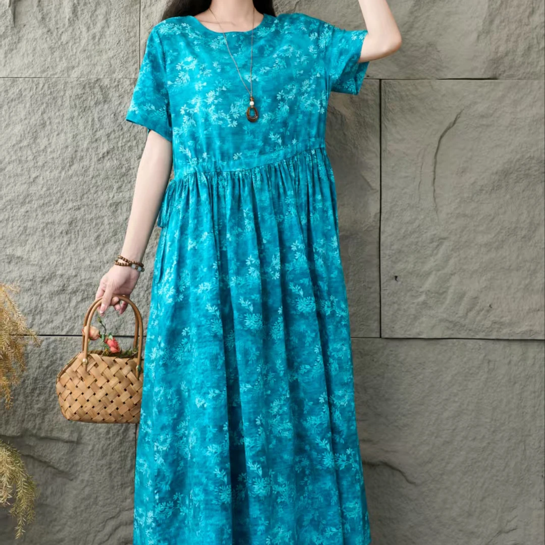 11389新款夏季优雅减龄宽松复古碎花连衣裙