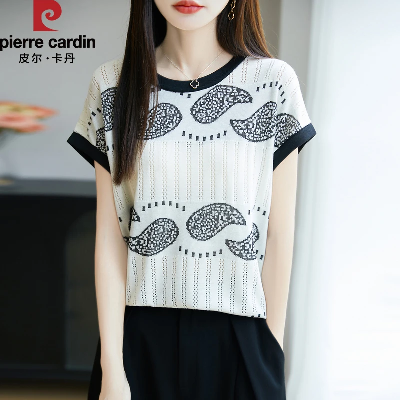 皮尔卡丹新款夏季撞色印花短袖针织衫时尚休闲百搭显瘦洋气上衣女