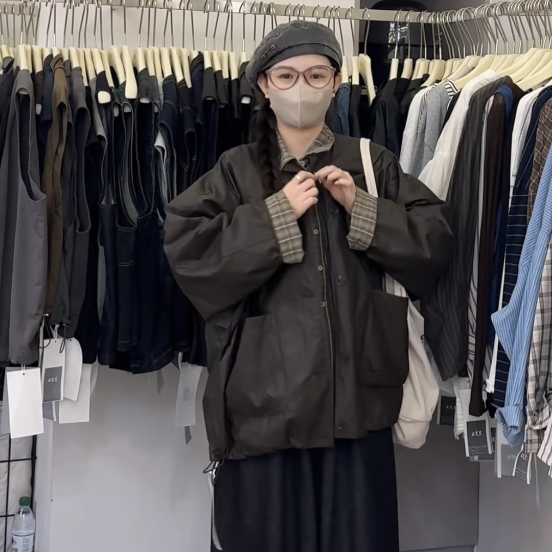 宽松圆领常规皮衣口袋长袖春秋轻职圆领老钱新款时尚新款入秋衣服