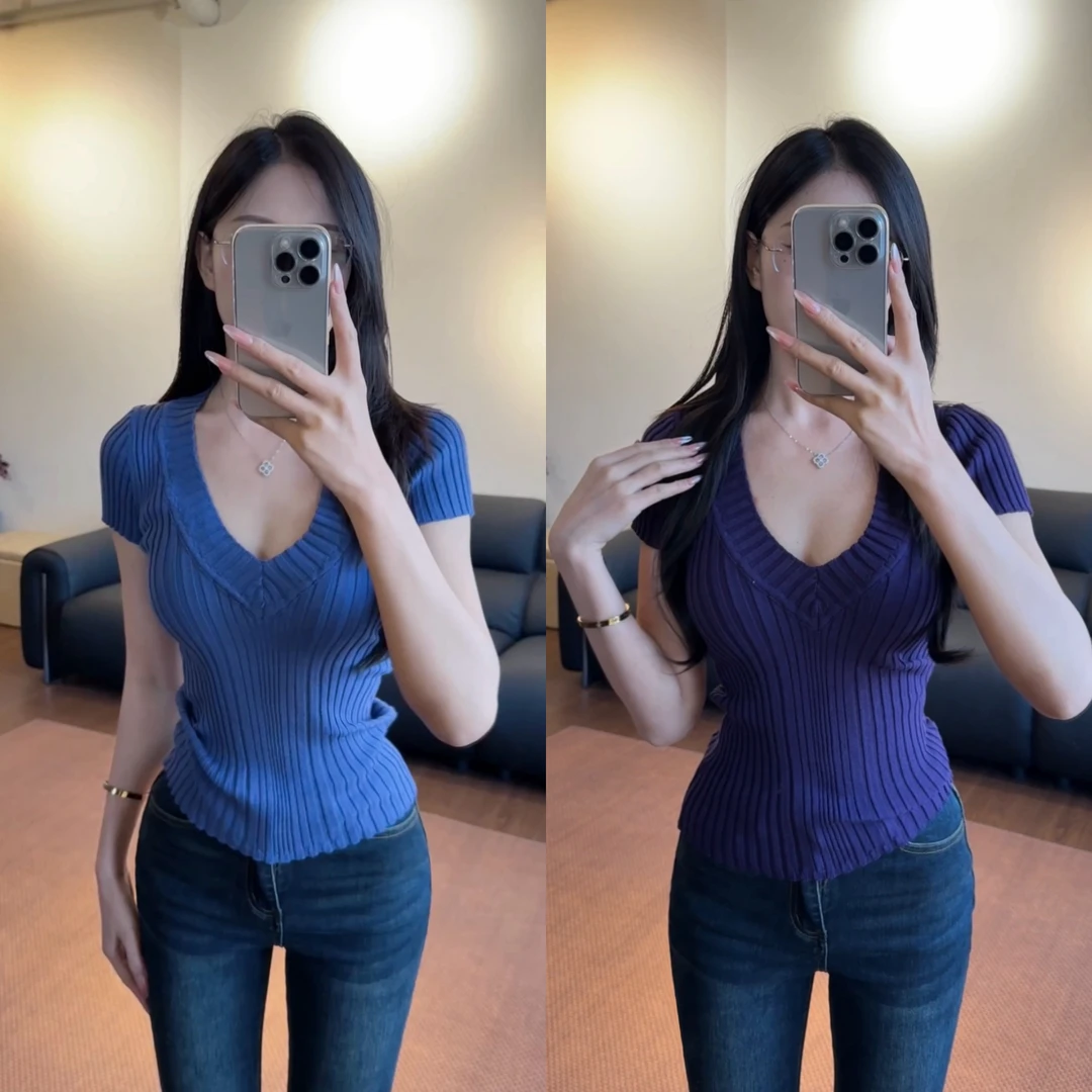 希野逸儿/老钱风深V领坑条高弹针织冰感收腰短袖T恤女短款上衣
