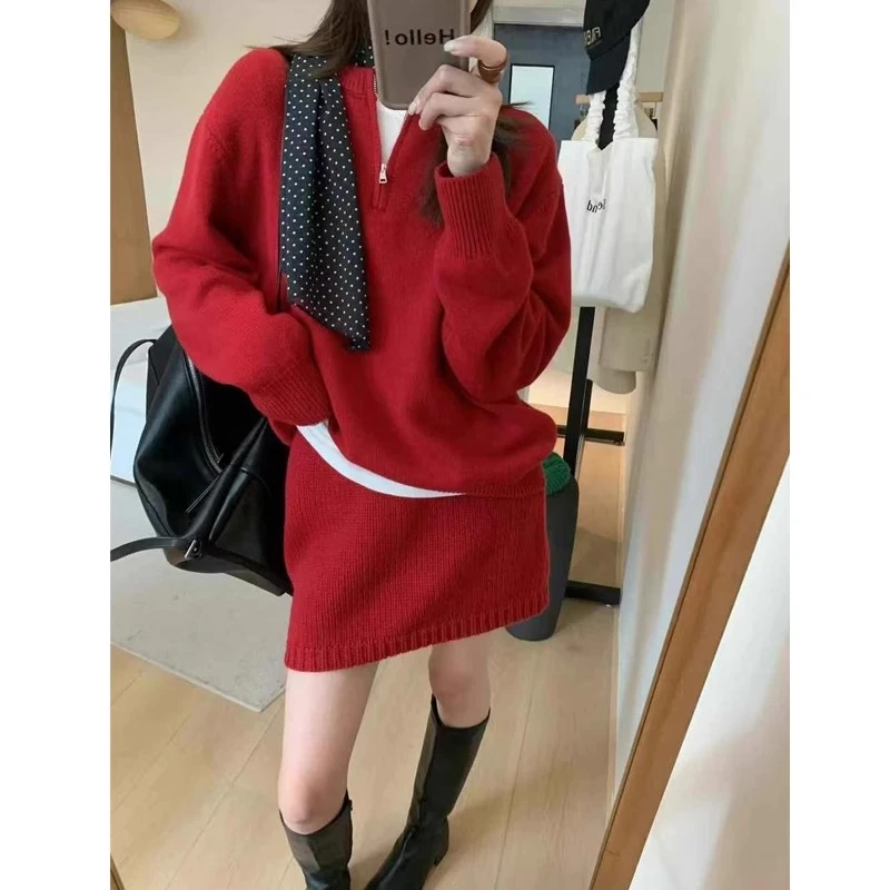 红色毛衣套装裙女冬季韩系气质圣诞新年穿搭宽松针织衫短裙两件套