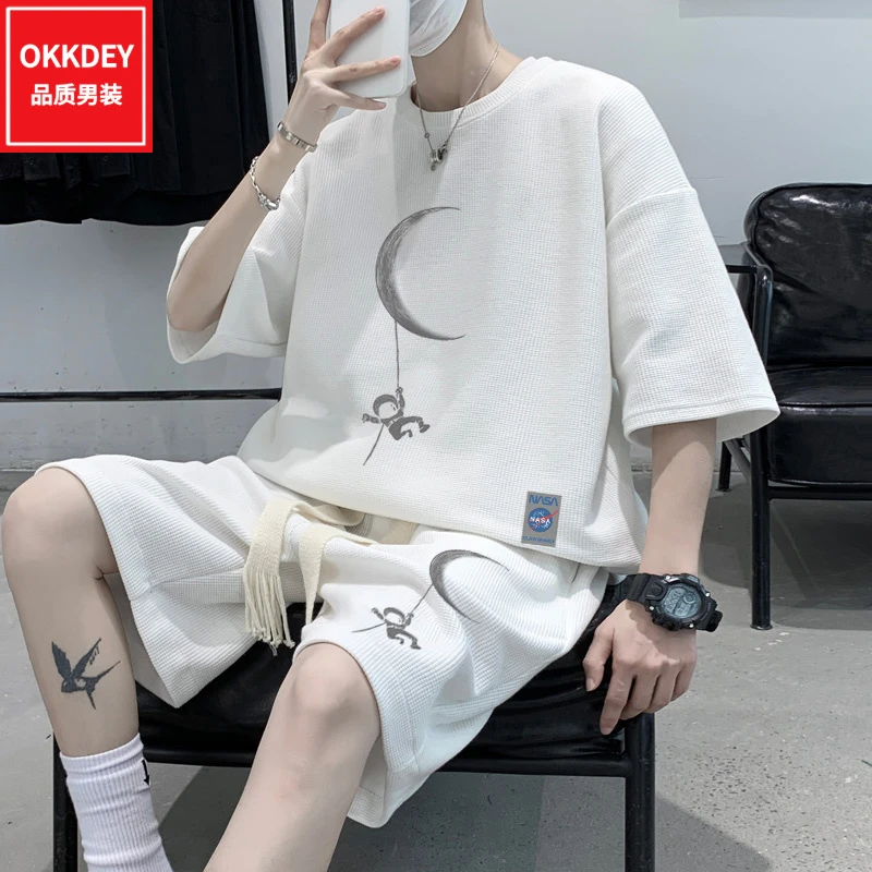 okkdey高品质休闲运动套装男士夏季新款时尚短袖t恤宽松短裤两件