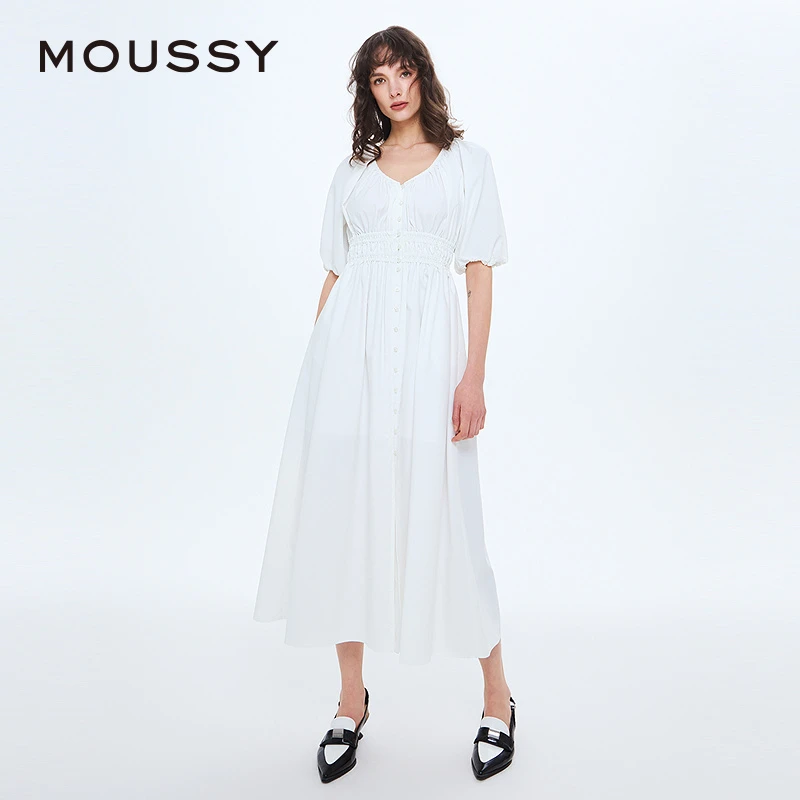 MOUSSY 2025夏季新品复古优雅气质格纹V领连衣裙女010ISS33-3141