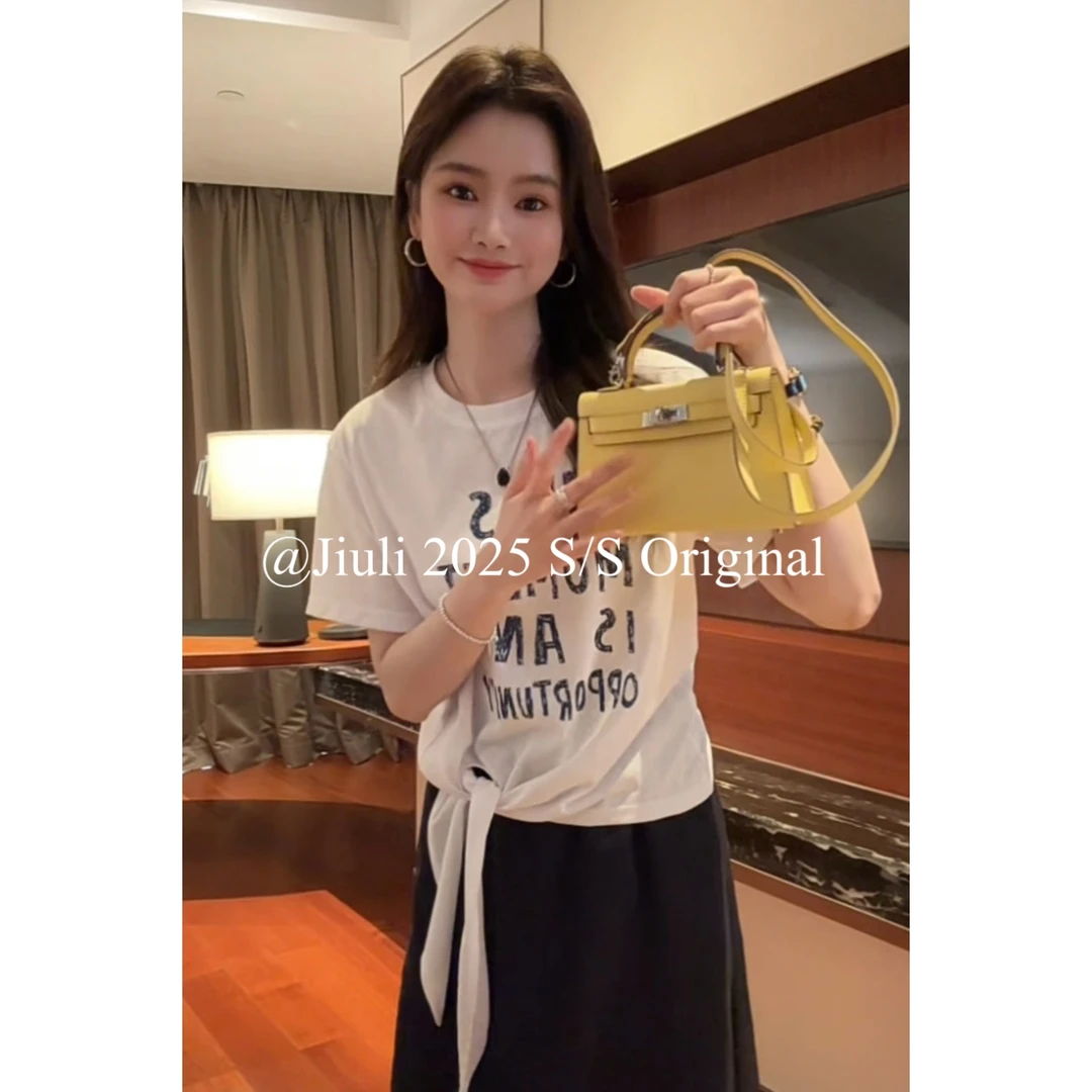 九莉【日记T】雪花亚棉  夏季字母印花绑带设计短袖T恤