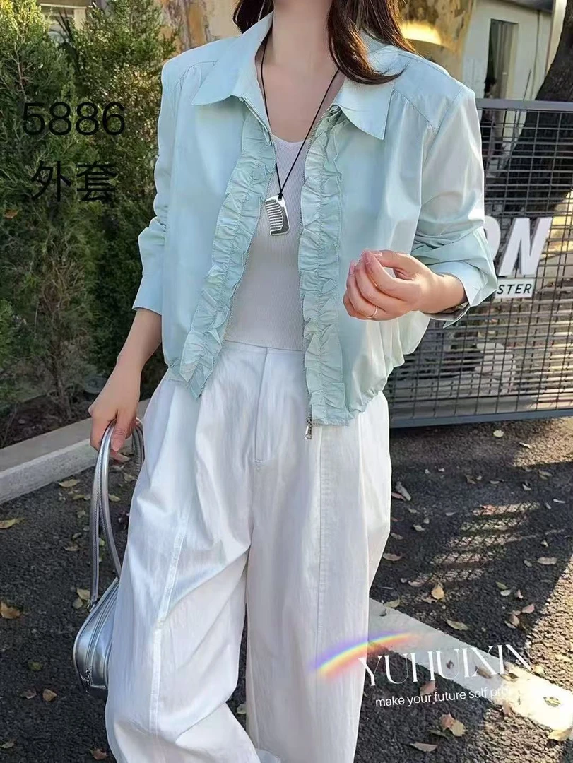 5886宽松型原宿风POLO领拉链长袖衬衫春季时尚休闲春夏上衣气质