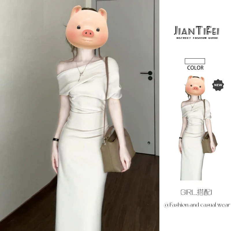 斜肩不规则连衣裙子女夏天季2025年新款法式收腰气质露肩包臀长裙