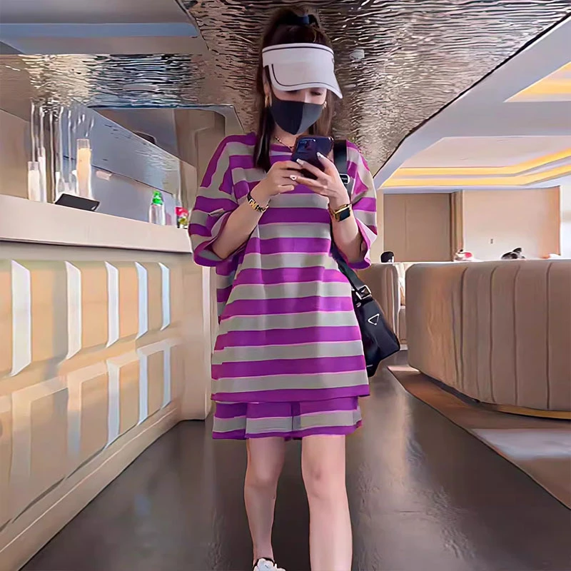 《紫色为贵》两件套·套装运动休闲夏季条纹韩版百搭时尚显瘦两件套