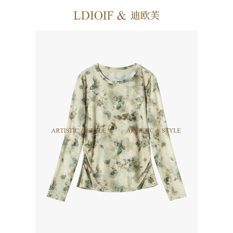 定制蝶影晕染印花/高弹冰丝网纱圆领收褶打底衫#QSY18576