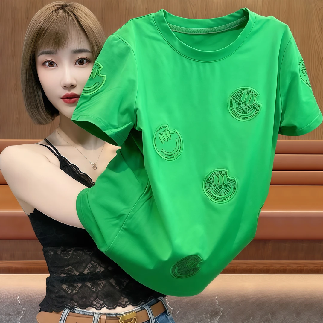 纯棉重工笑脸刺绣正肩体恤女新款春游出行衣服高质感ins休闲上衣