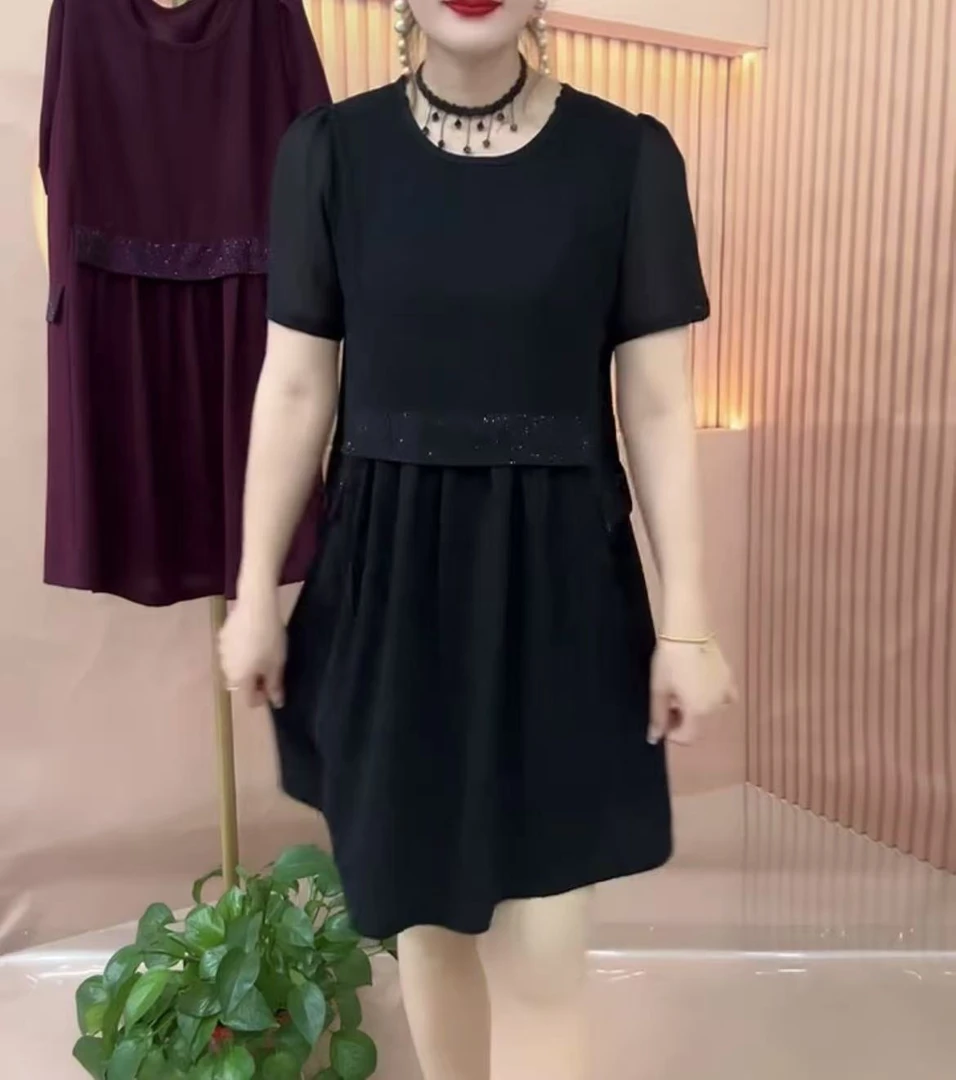 宽松大码圆领印花短袖连衣裙夏季新款百搭减龄休闲中年妈妈裙子女