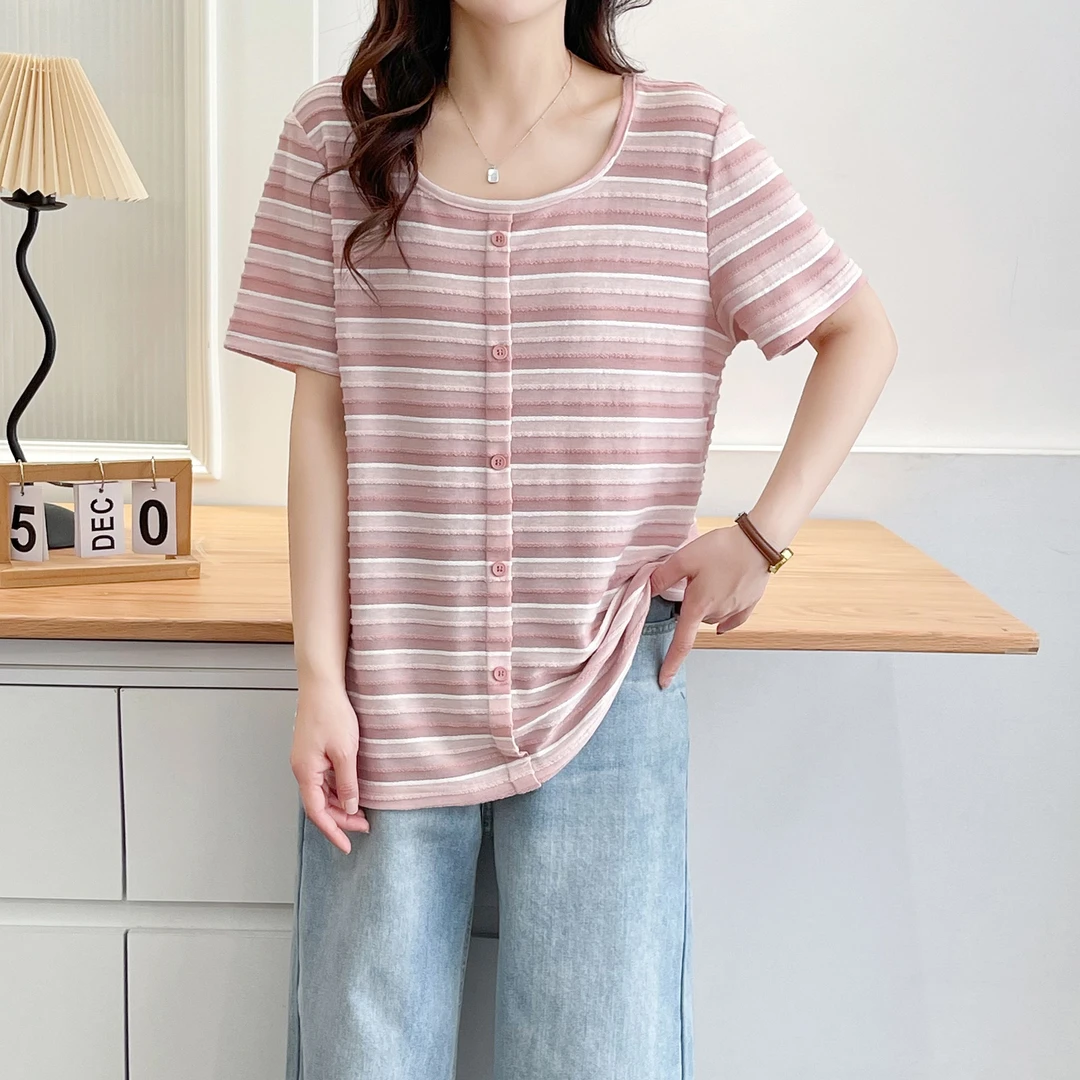 大码女装常规款宽松型休闲T恤圆领打底短袖条纹方领半袖夏季韩版