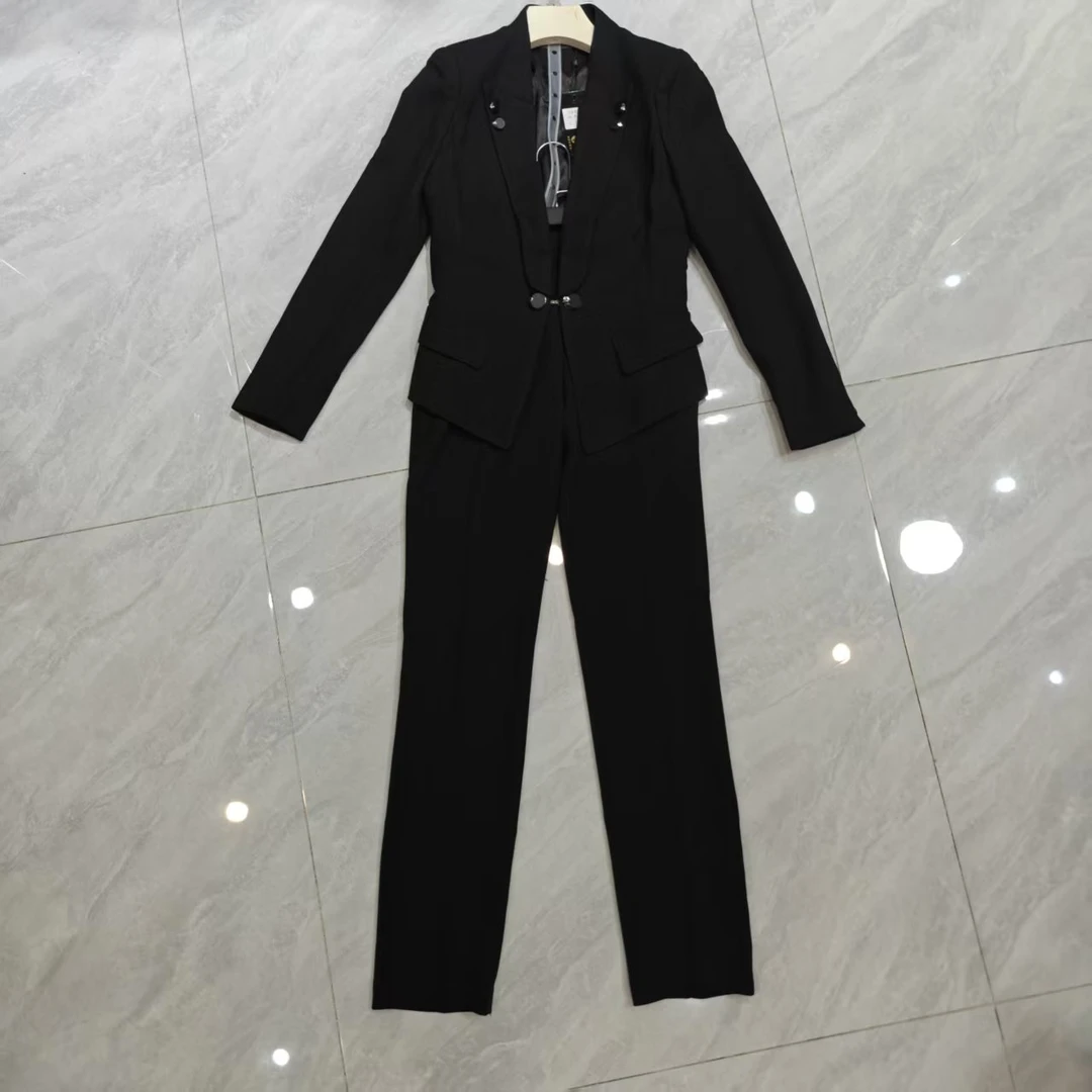 0982工装风纽扣单排扣平驳领纯色西装设计师休闲女士黑色