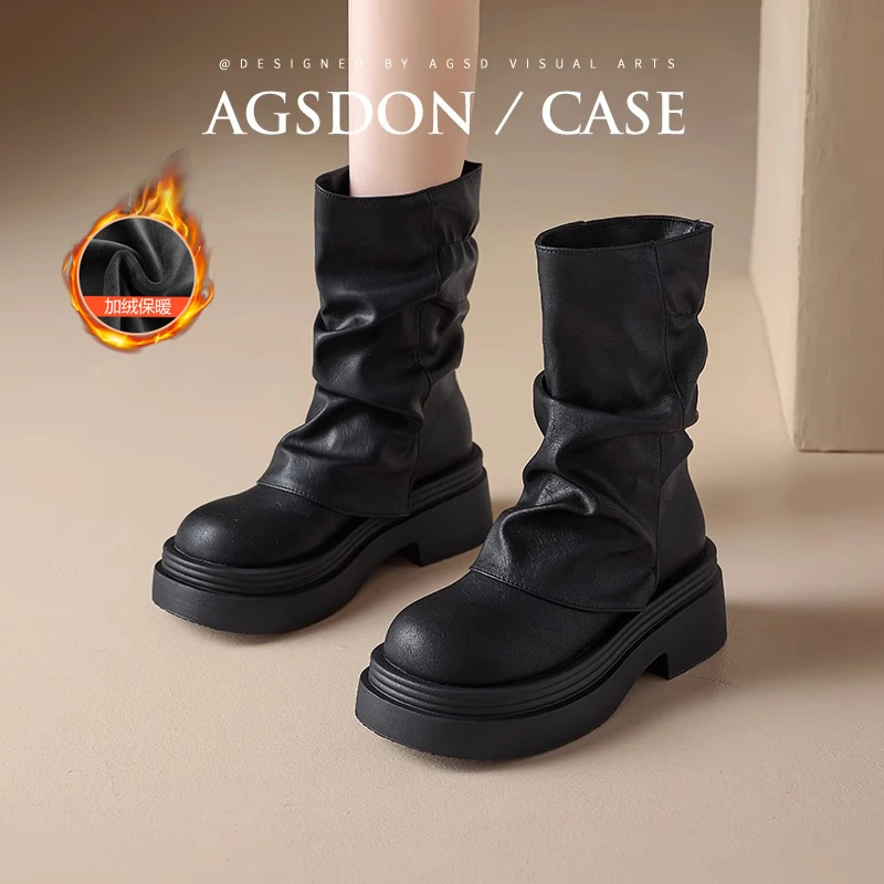 奥古狮登黑色马丁靴女2025新款秋季新厚底裤管靴加绒英伦风堆堆靴