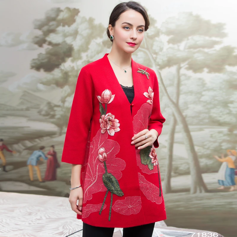 亿喜绣加肥加大码胖妈妈开衫外套女装高档绣花婚宴秋冬开衫71836