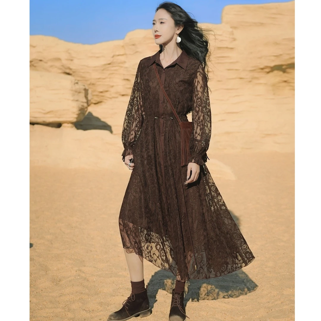 【原创】复古文艺气质抽绳收腰蕾丝连衣裙5318